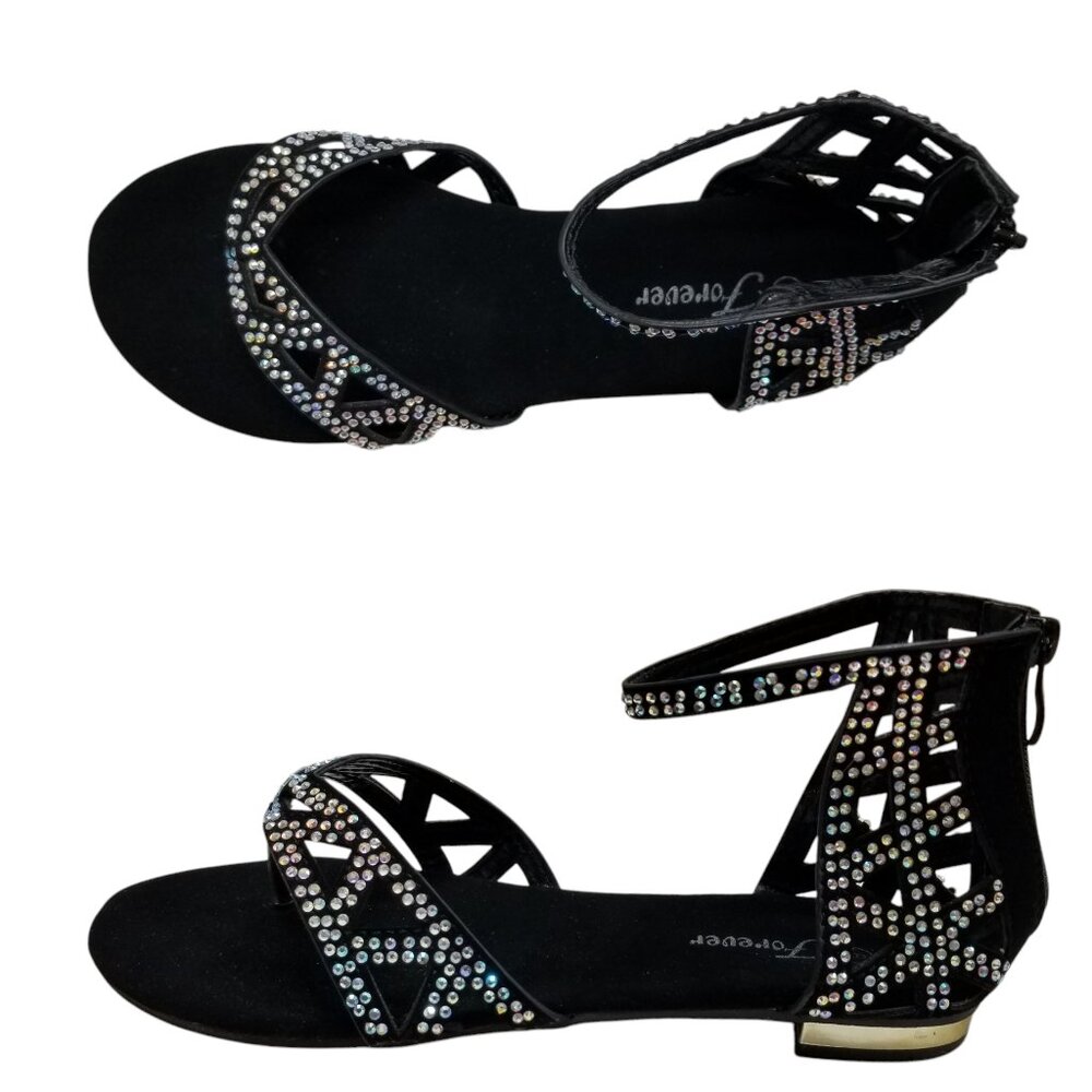 FOREVER Rhinestone Back-Zip 1/2" Heel Ankle Strap Thong Sandals Size 8 Black